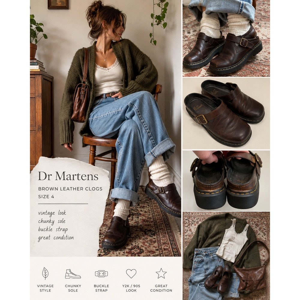 Dr Martens  Leather Clogs Buckle Strap Chunky Y2K Grunge Mules Boys 4/ Wom 7